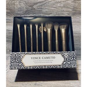 Vince Camuto Black Gold Bow Luxury Brush Set & Makeup Bag